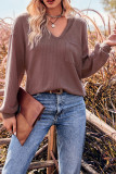 Plain V Neck Slope Shoulder Waffle Knit Long Sleeves Top