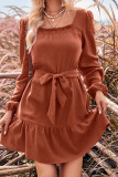 Plain Texture Square Neck Dress With Sash