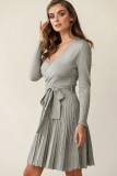 Gray Belted V Neck Ribbed Pleated Sweater Dress