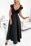 Black Cold Shoulder Ruched V Neck High Slit Dress