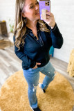 Black Plus Size Contrasting Topstitch Ribbed Henley Top