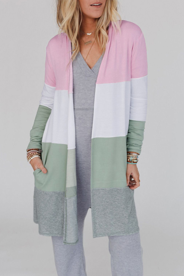 Multicolor Color Block Pocketed Casual Duster Cardigan