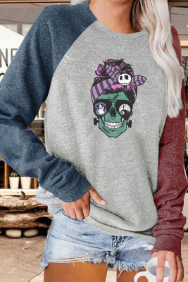 Halloween Skull MAMA Color Block Sleeves Plus Size Top