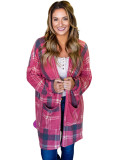 Red Plaid Casual Drop Shoulder Pocketed Cardigan