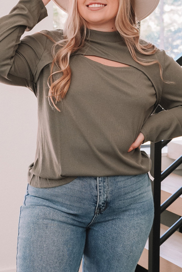 Green Plus Size Ribbed Mock Neck Peek-A-Boo Cut Out Top