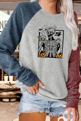 Halloween Skull Pumpkin Color Block Sleeves Plus Size Top