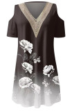 V Neck Lace Edge Cold Shoulder Floral Mini Dress