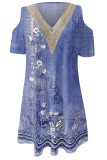 V Neck Lace Edge Cold Shoulder Floral Mini Dress