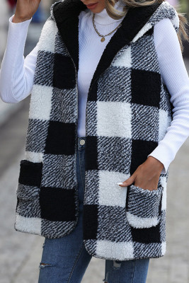 Black Plaid Sleeveless Hooded Fleece Coat