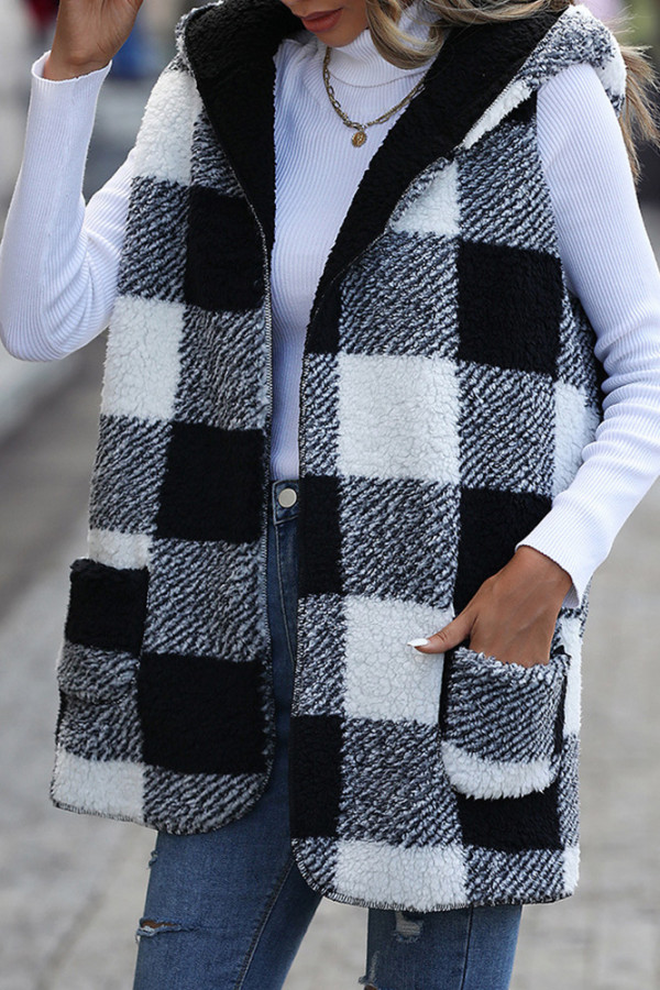 Black Plaid Sleeveless Hooded Fleece Coat