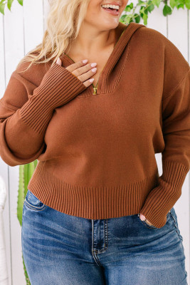 Brown Solid Ribbed Trim Plus Size Zip Collar Sweater