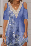 V Neck Lace Edge Cold Shoulder Floral Mini Dress