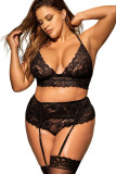 Black 3pcs Lace Crochet Gold Trim Plus Size Lingerie Set