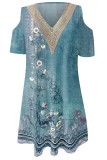 V Neck Lace Edge Cold Shoulder Floral Mini Dress