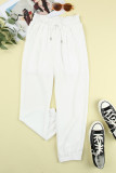 White Solid Color Drawstring Smocked Waist Joggers