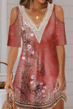 V Neck Lace Edge Cold Shoulder Floral Mini Dress