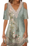 V Neck Lace Edge Cold Shoulder Floral Mini Dress