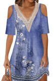 V Neck Lace Edge Cold Shoulder Floral Mini Dress