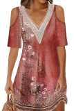 V Neck Lace Edge Cold Shoulder Floral Mini Dress