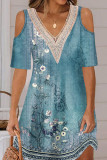 V Neck Lace Edge Cold Shoulder Floral Mini Dress