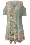 V Neck Lace Edge Cold Shoulder Floral Mini Dress