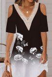 V Neck Lace Edge Cold Shoulder Floral Mini Dress