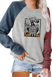 Halloween Skull Pumpkin Color Block Sleeves Plus Size Top
