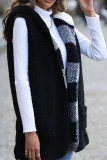 Black Plaid Sleeveless Hooded Fleece Coat