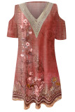 V Neck Lace Edge Cold Shoulder Floral Mini Dress