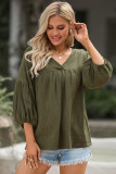 Green Textured V Neck Bracelet Sleeve Babydoll Blouse