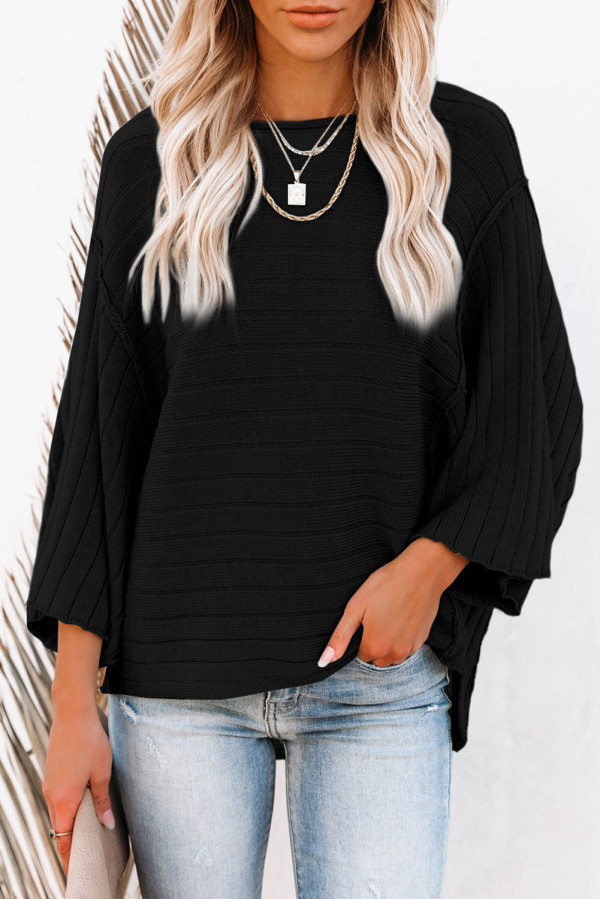 Black Exposed Seam Ribbed Knit Dolman Top
