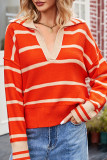 Split V Neck Striped Pollover Sweater