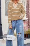 Split V Neck Striped Pollover Sweater