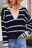 Split V Neck Striped Pollover Sweater