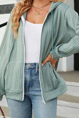 Plain Jacquard Open Zipper Hooded Jacket