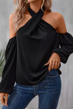Black Cold Shoulder Crisscross Halter Top