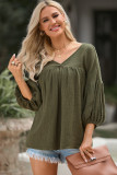 Green Textured V Neck Bracelet Sleeve Babydoll Blouse