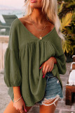 Green Textured V Neck Bracelet Sleeve Babydoll Blouse