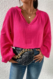 Rose Crinkle Split Neck Puff Sleeve Blouse