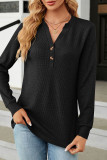 Plain V Neck Button Waffle Knit Long Sleeves Top