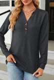 Plain V Neck Button Waffle Knit Long Sleeves Top