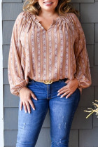 Pink Plus Size Floral Striped Puff Sleeve Split Neck Blouse