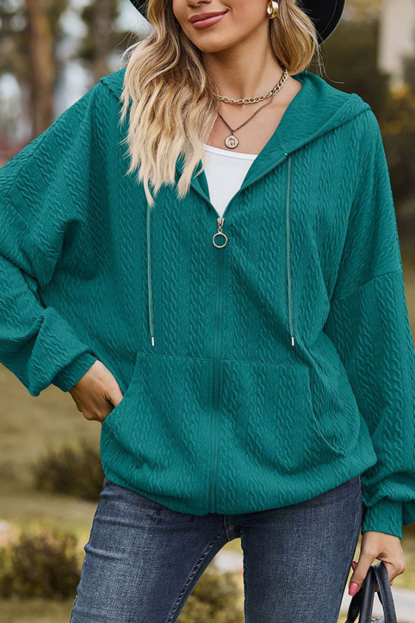 Plain Jacquard Open Zipper Slope Shoulder Hooded Jacket