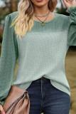 Plain Jaquard Splicing Waffle Knit Long Sleeves Top