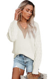 White Cable Puff Sleeve Lace V Neck Sweater