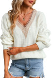 White Cable Puff Sleeve Lace V Neck Sweater