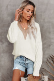 White Cable Puff Sleeve Lace V Neck Sweater