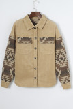 Khaki Aztec Print Patchwork Frayed Edge Corduroy Jacket