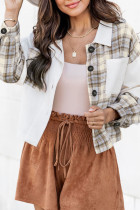 White Corduroy Plaid Colorblock Patchwork Shacket