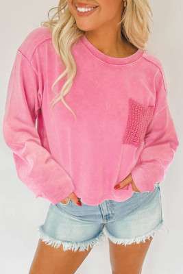 Pink Solid Color Lace Patch Pocket Long Sleeve Top